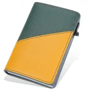 Portefeuille Barrière RFID Métal & Cuir PU PATCHWORK VERT ET JAUNE