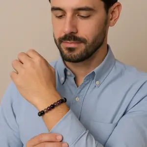 BRACELET HOMME SHUNGITE, QUARTZ FUME, AMETHYSTE AVEC BOUDDHA SCULPTE